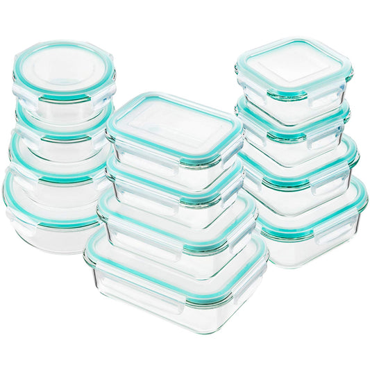 Bayco Glass Food Storage Containers with Lids, [24 Piece] Meal Prep, Airtight Bento Boxes, BPA Free & Leak Proof (12 lids & 12 Containers) - Blue